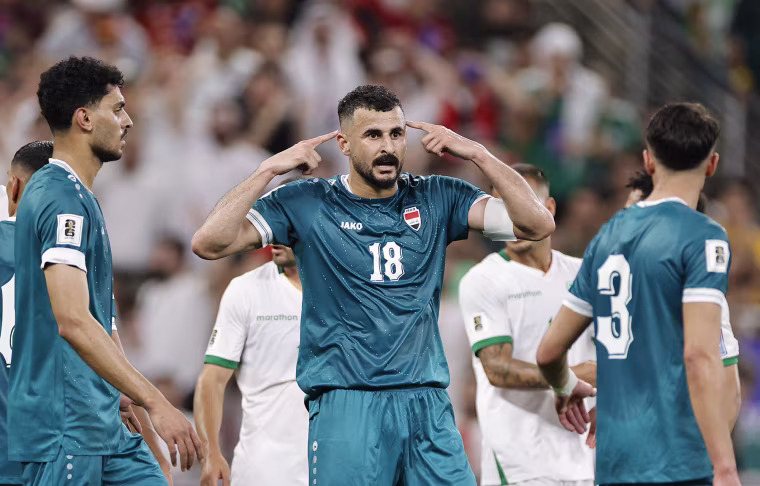 Aymen Hussein of Iraq reacts during a match against Bolivia on March 31, 2026 in Guadalupe, Mexico.
