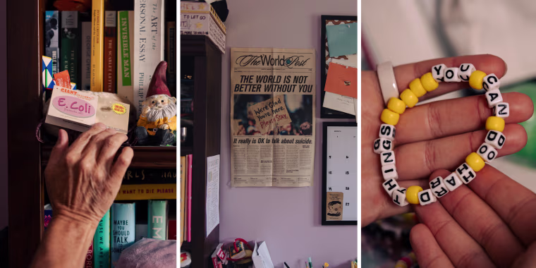 A triptych of details of her room.