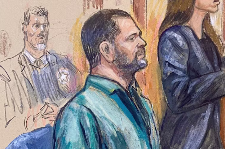 A sketch of David Rush seated in court, in profile