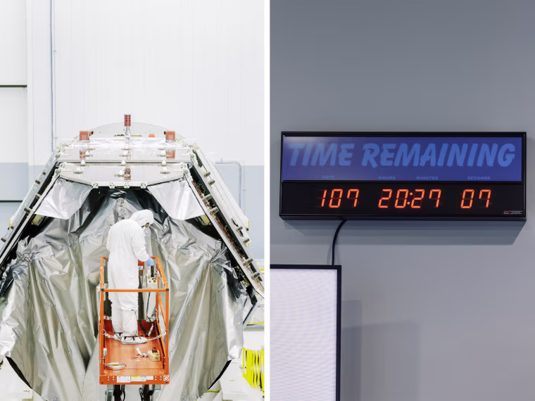 Left: A Goddard employee performs final checks on the Roman telescope in the clean room; right: a clock counts down the time remaining until the observatory is launched into space.
