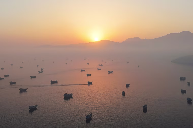 A drone view shows vessels in the Strait of Hormuz, as seen from Musandam