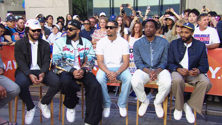 The New York Knicks starting lineup, from left, Jalen Brunson, Karl-Anthony Towns, Josh Hart, OG Anunoby and Mikal Bridges.
