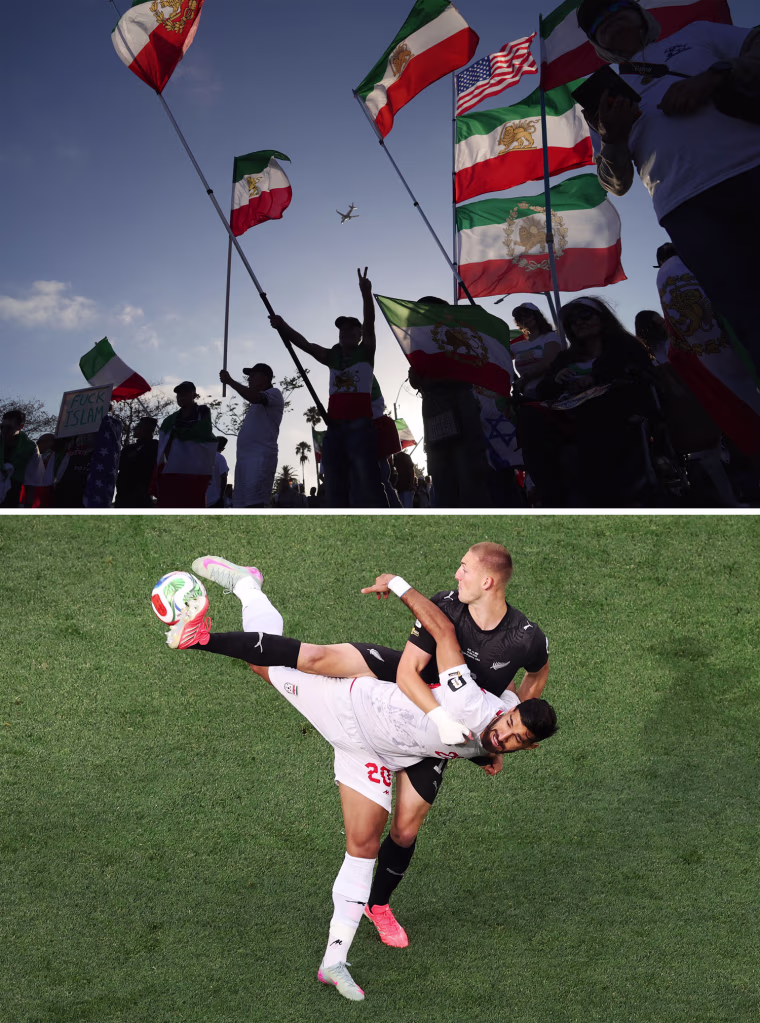 Above: Pre-revolutionary flags waved in Los Angeles on Monday. Below: Action from Iran vs New Zealand, which was tied 2-2.