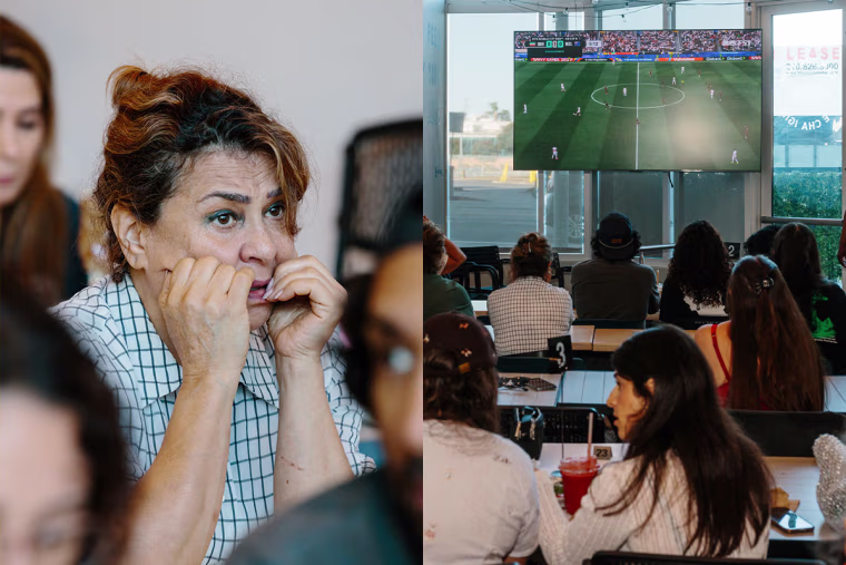 Left: Sima Vaziri reacts to the game at Meymuni Cafe in Los Angeles on Monday.