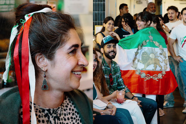 Iranian fans draped in national colors at Meymuni Cafe in Los Angeles on Monday.