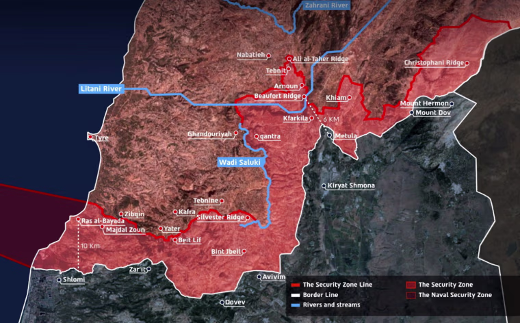 A map published by the Israeli army-IDF, indicates the Security zone in which IDF soldiers are operating in southern Lebanon