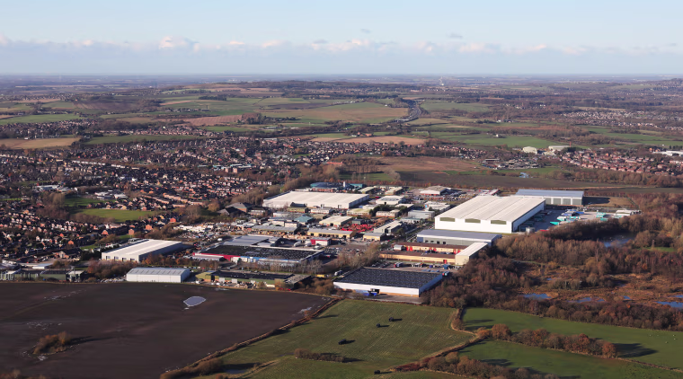 aerial view of an industrial estate at Lockett Road, Ashton-in-Makerfield, Lancashire, UK