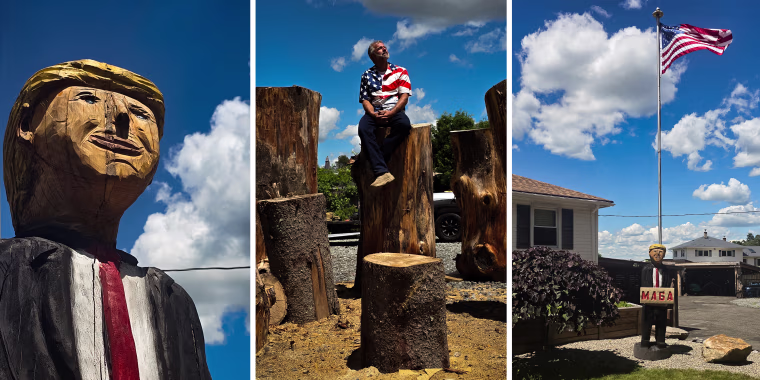 A three-way split composite image of left, a face close up of a  large wood carving statue of Donald Trump, center, David Cavannah sitting on top of a large log near other logs, and right, a wide view of a large wood carving statue of Donald Trump holding a sign that says "MAGA" with an American flag flying on a pole behind it