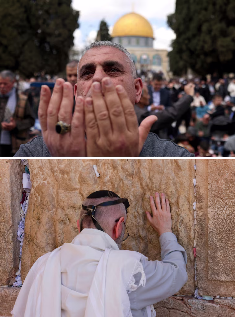 Top: A Muslim man prays outside the Al-Aqsa Mosque in April. Bottom: A Jewish man prays at the Western Wall on June 7. 