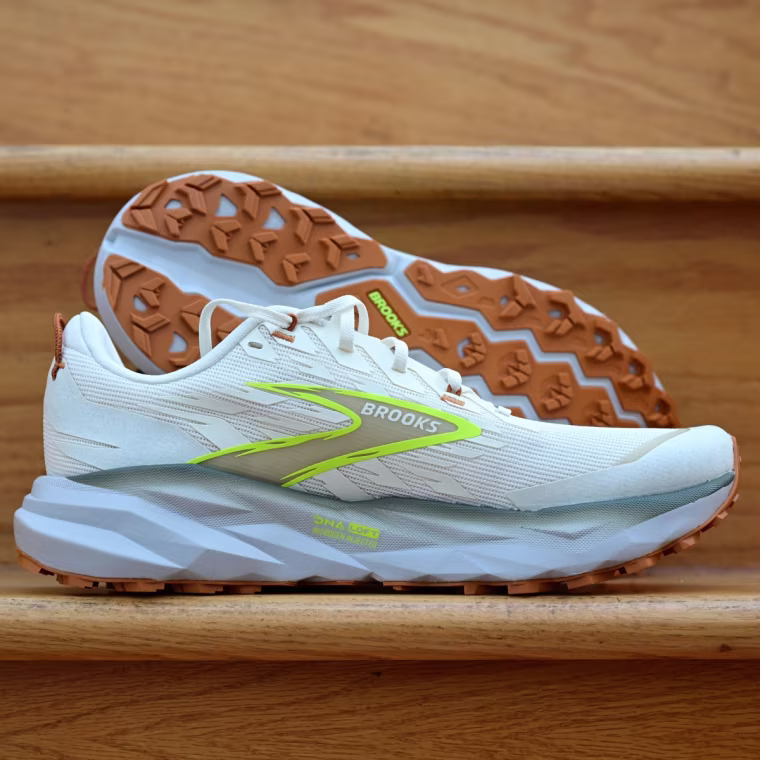 A close-up of the Brooks Cascadia 19 resting against a wooden stair.