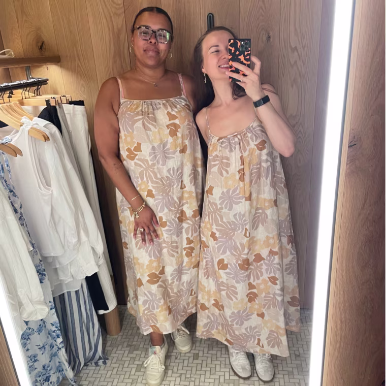 The pattern of this linen dress is summer-ready.