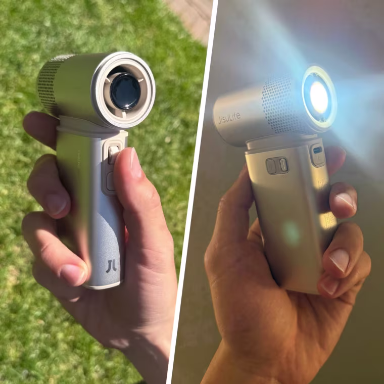 The JisuLife handheld fan has a scroll so you can set it to the level of your liking and it also acts as a flashlight.