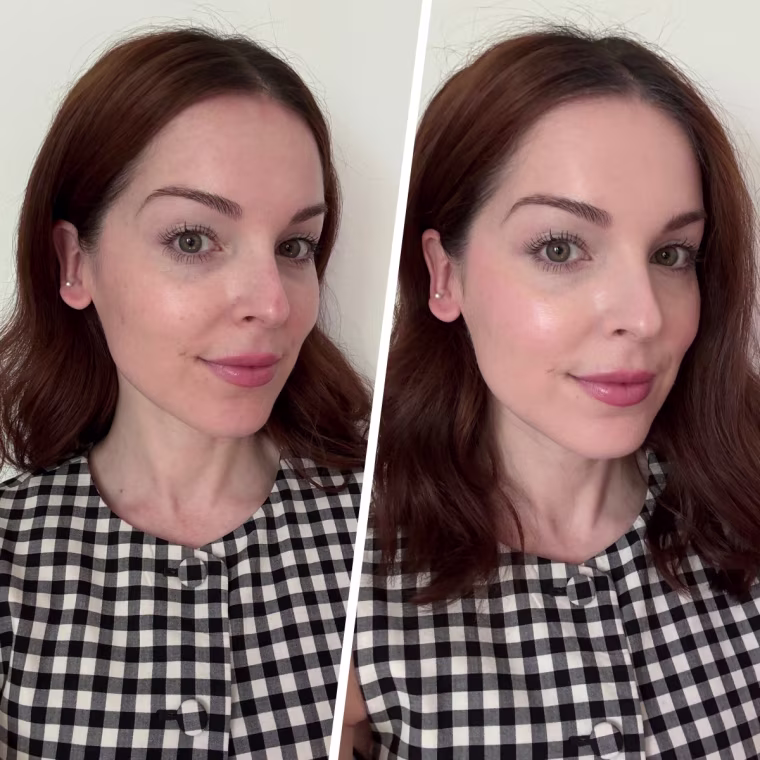 Editor Shannon Garlin before and after applying the Clinique Daily Calm Makeup Balm.