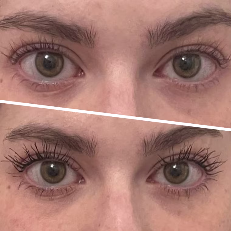 Production associate Audrey Ekman's lashes before and after using the Maybelline Lash Sensational Sky High Mascara.
