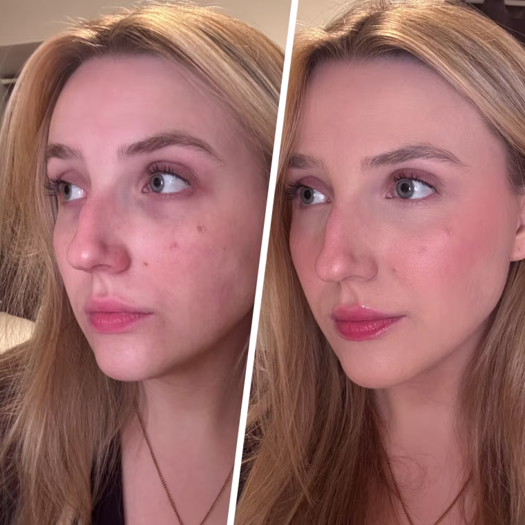 TIRTIR Mask Fit Red Cushion Foundation before (left) and after (right) application. 