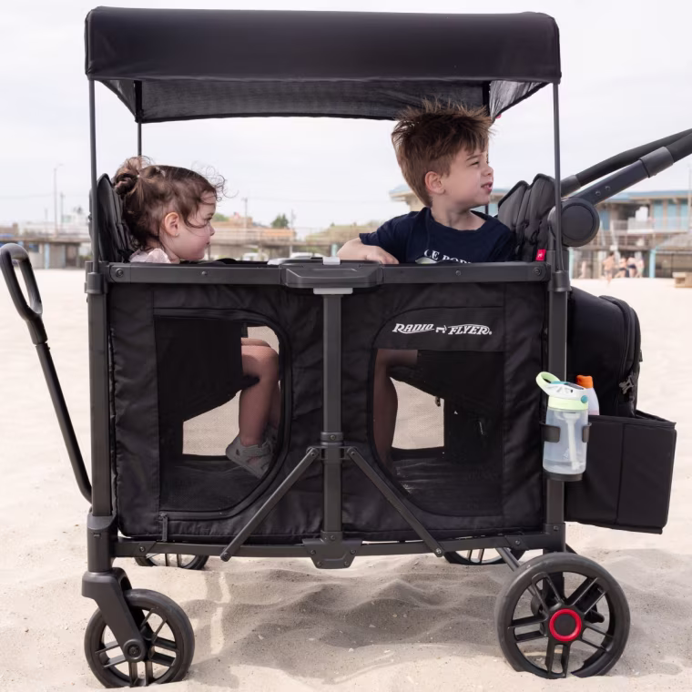 We loaded the kids into the Voya and rolled through the sand; no walking, no complaints.