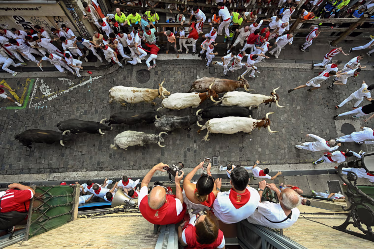 People dressed in white with red neckerchiefs run from bulls on the brick streets of Pamplona.