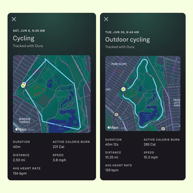 A picture of the writer’s cycling data taken from the Oura Ring 5, comparing a manually logged workout and an automatically detected one.