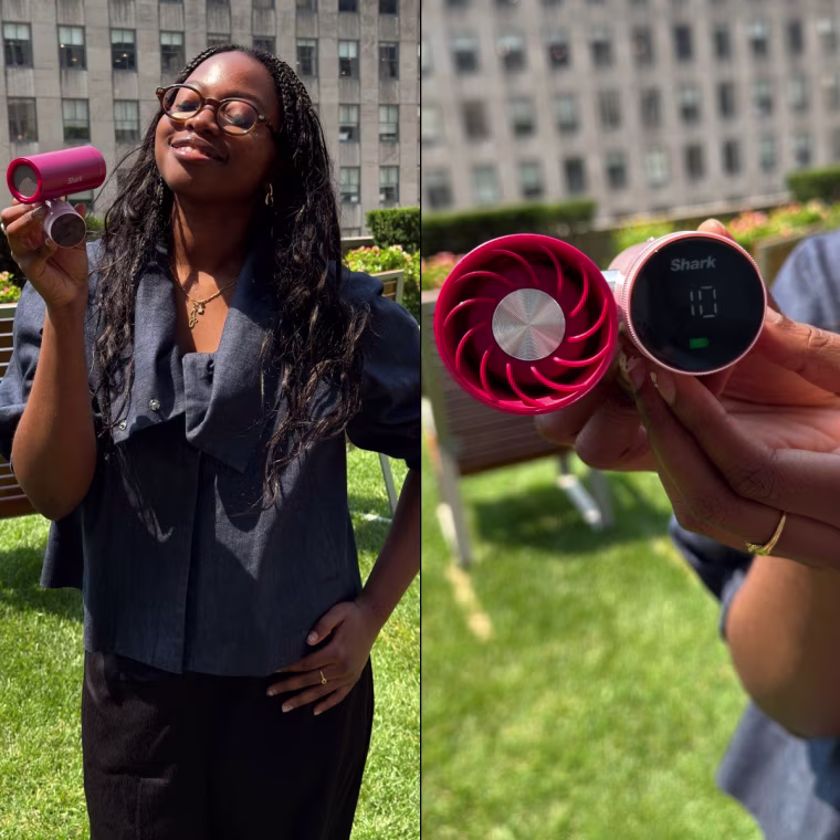 Left image: Woman holding pink handheld fan on an outdoor terrace. Right image: Close-up of Shark fan with screen that shows a fan level of 10 and a battery bar.