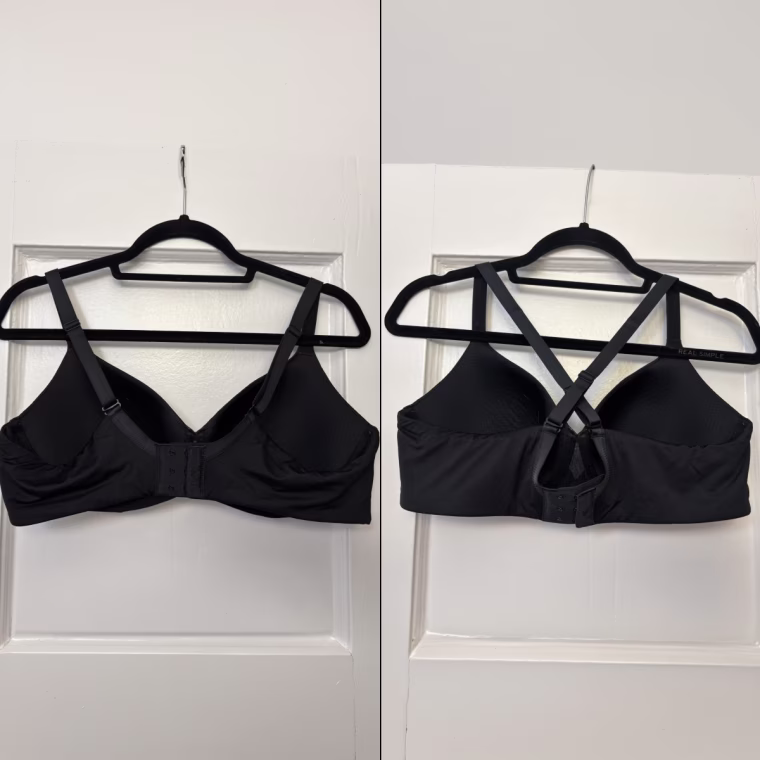 An image of the back of a black Thirdlove TempSync T-Shirt Bra with the straps straight (left) and crossback (right).