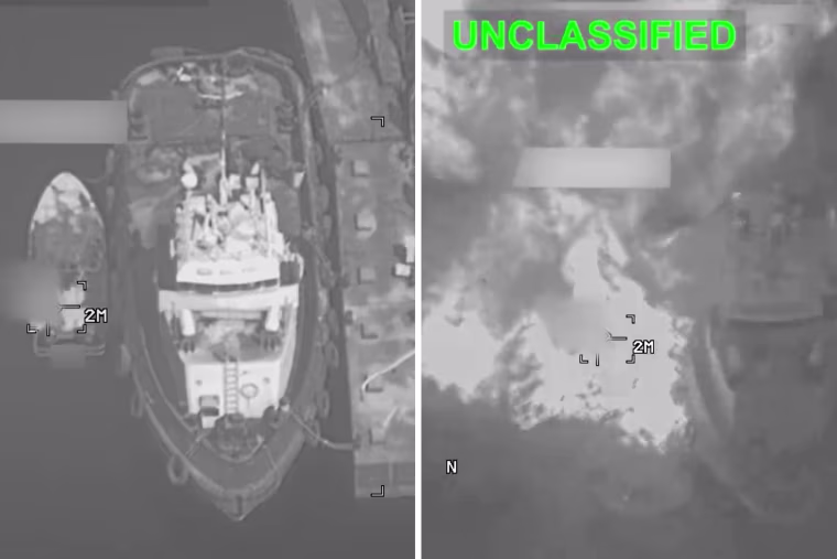 A boat is targeted during U.S. strikes on Iranian military targets, in this screengrab taken from a Central Command video released Thursday.