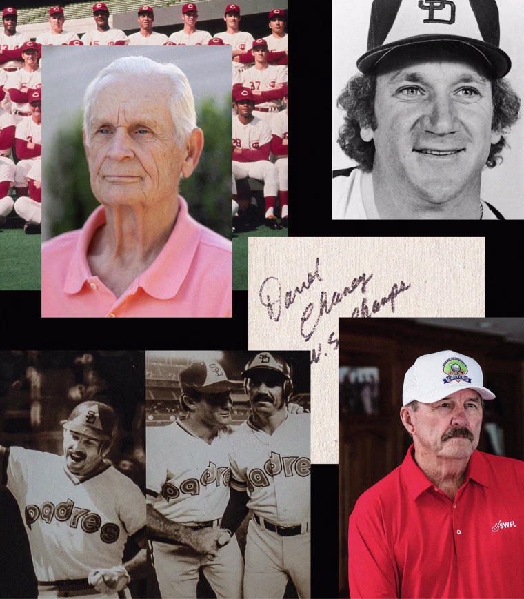 Photo collage of Darrel Chaney, Randy Jones, and Kurt Bevacqua 