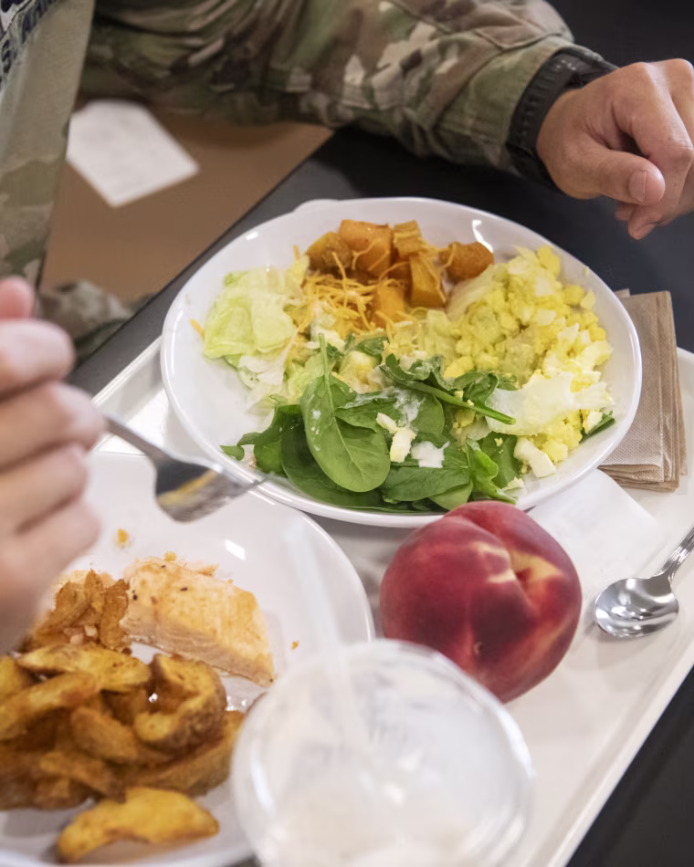 A soldier eats salmon and potatoes with a salad from Belvedere Bistro at Fort Drum, N.Y., on July 28, 2026.