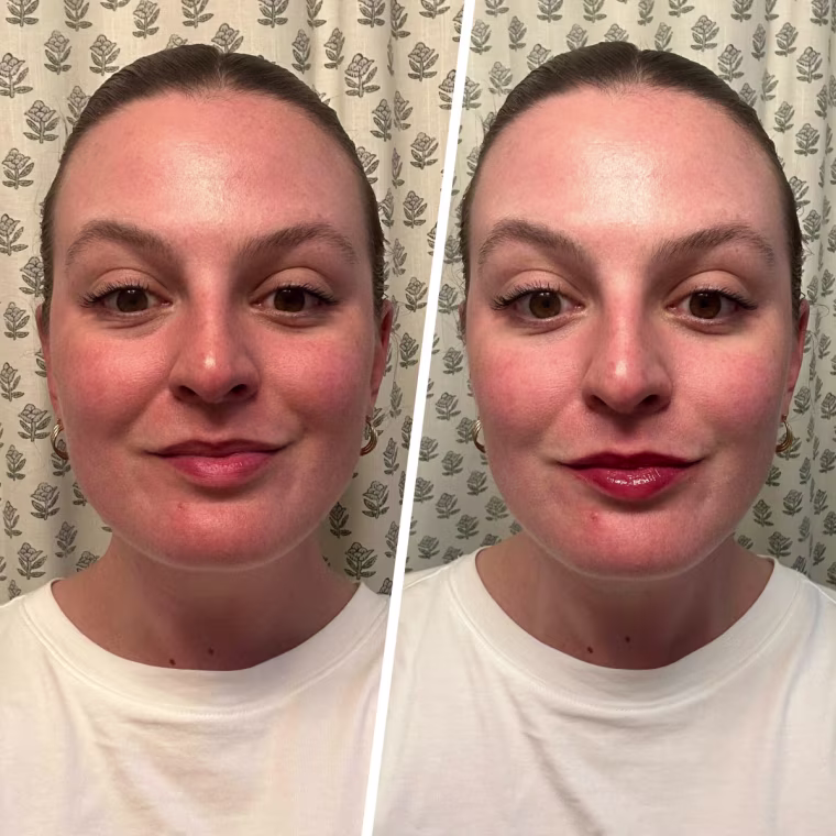 Kara Quill shows a before and after of the Lanolips Ceramide Milkshake Balm.