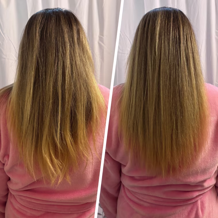 Events production manager Checka Ciammaichelli before and after using the Moroccanoil Treatment Mist.