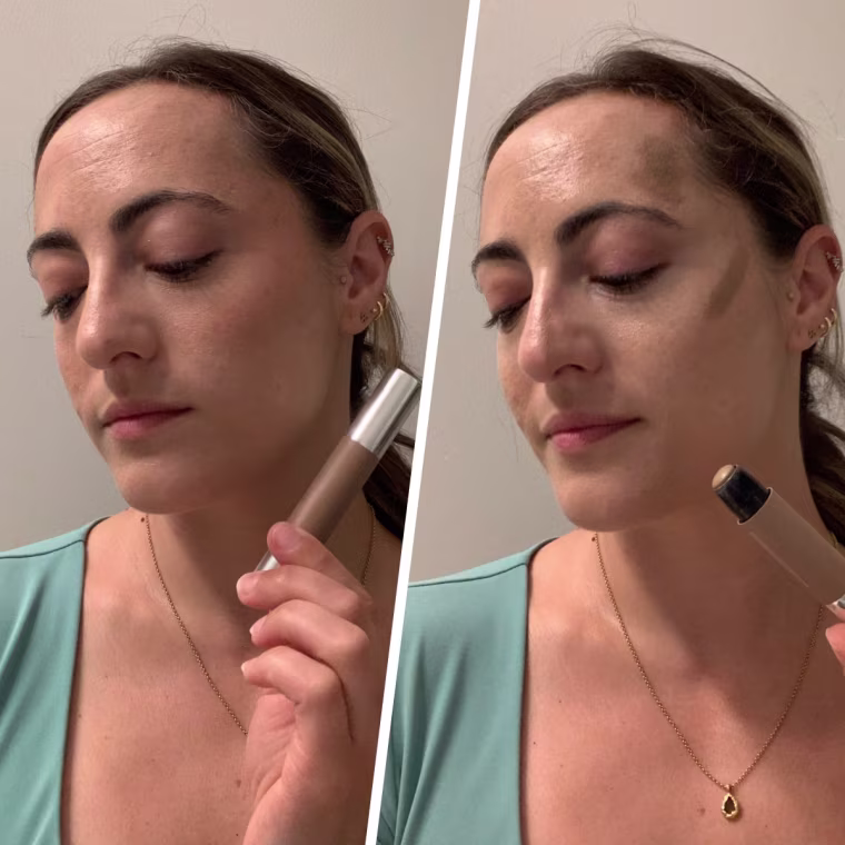 Haus Labs Precision Sculpt Shaping Balm Before (left) and in use (right)