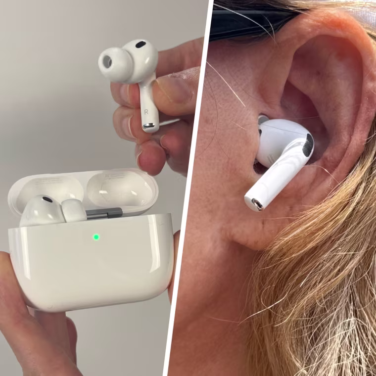 Apple AirPods Pro 3 out of the case (left) and in an ear (right).