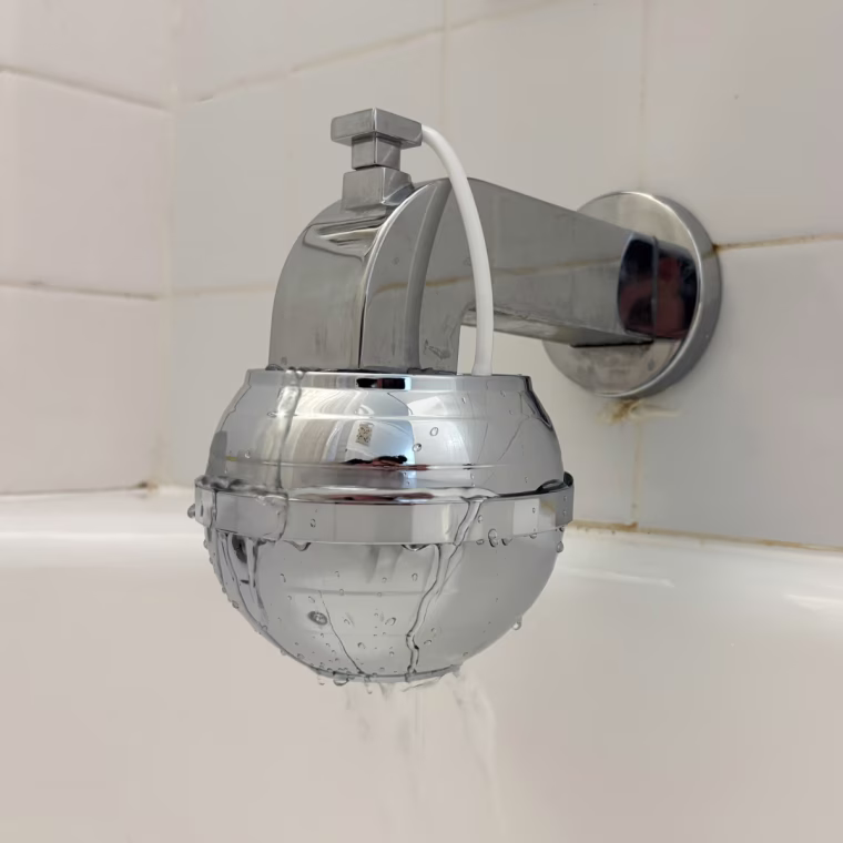 A chrome Tru Bath Water Filter hanging from a chrome bath spout against a white tile background.