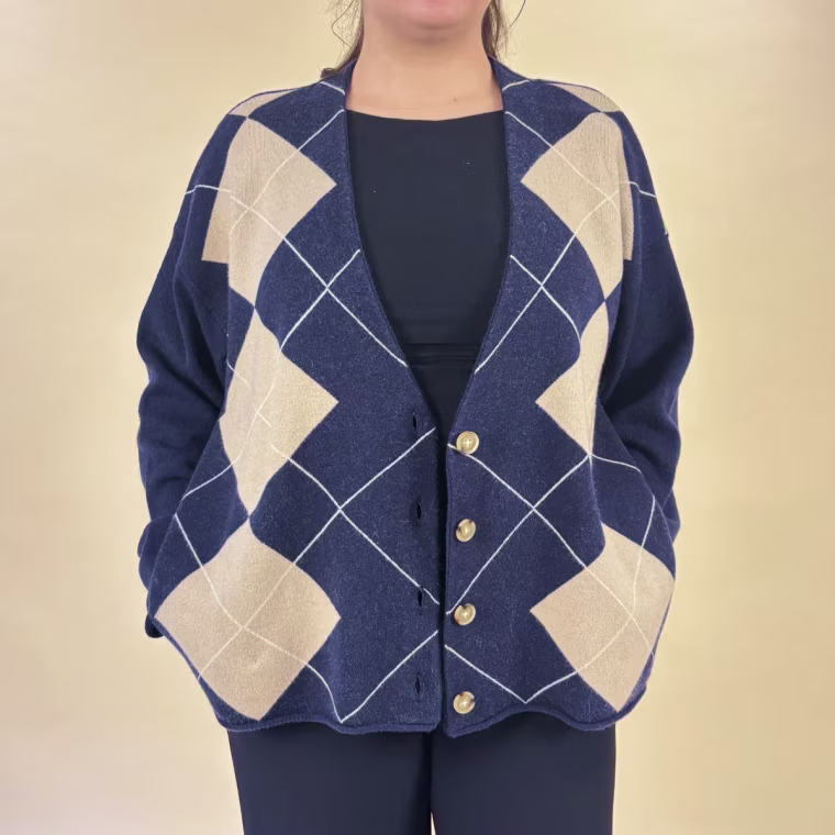 Intern Alexa Passaro models the Sanctuary Arden Cardigan Loma Argyle.