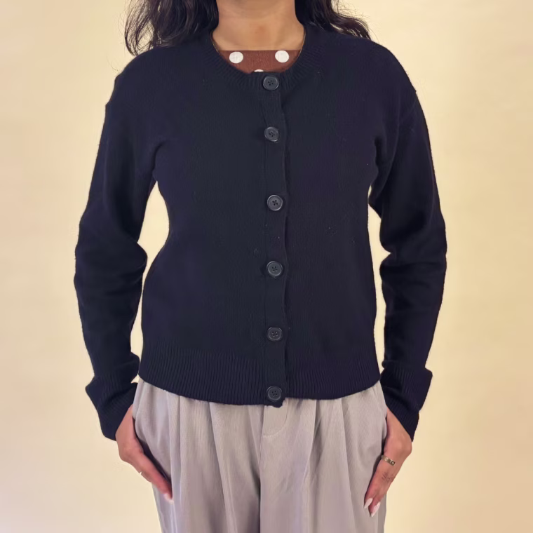 Intern Sreya Nair models the Sanctuary Must-Have Cardigan Navy Blazer.