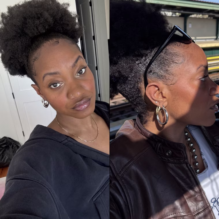 Side by side of a slicked updo puff using the Cecred Strong Hold Gel.