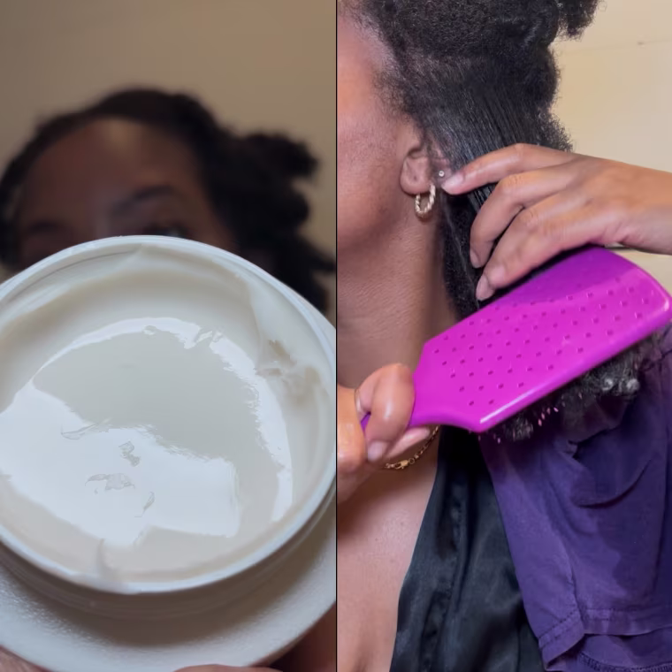 A close up of the conditioner; Morris brushing the conditioner through her hair.