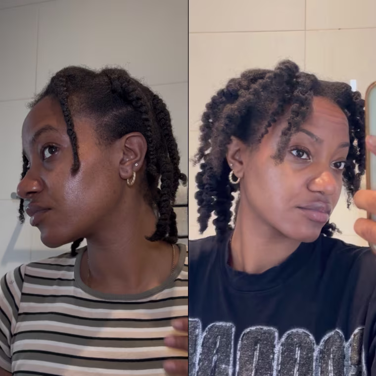 A close up of the braids (left), beside a close up of the braids when freshly undone (right).