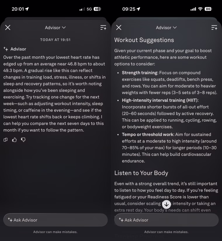 These are two conversations messages I received from the Advisor on the Oura app.