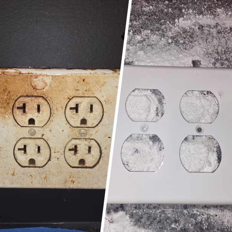 Before and after of Bar Keepers Friend Powder Cleanser on a stained outlet cover.