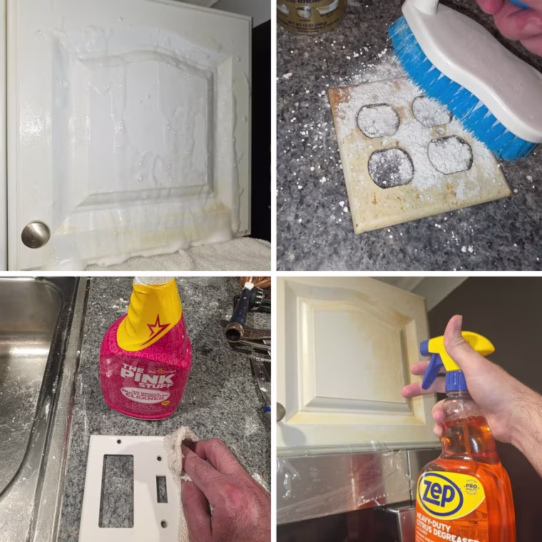 Testing in action of four different degreasers: Easy-off (top left), Bar Keepers Friend (top right), The Pink Stuff (bottom left) and Zep (bottom right).