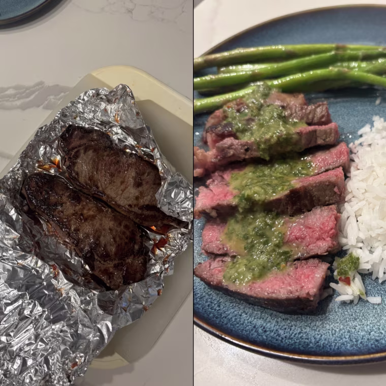 After resting the steak, it was juicy, tender and went perfectly with some homemade chimichurri.