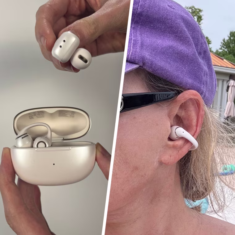 A look at the Shokz OpenDots 2 outside of their case (left) and hooked onto an ear (right).