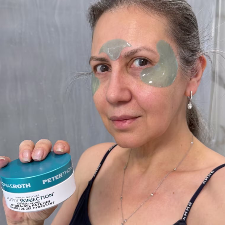 Julia Moon tries the Peter Thomas Roth Peptide Skinjection™ Expression Line Hydra-Gel Patches.