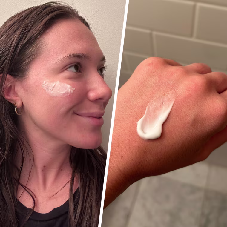 Cassidy McKenna show a closer look of the Versed Daily Recovery Rich Barrier Cream's texture.
