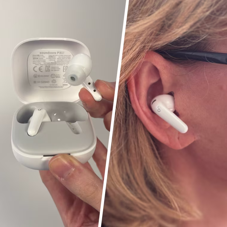 The Soundcore earbuds outside of their case (left) and in an ear (right).