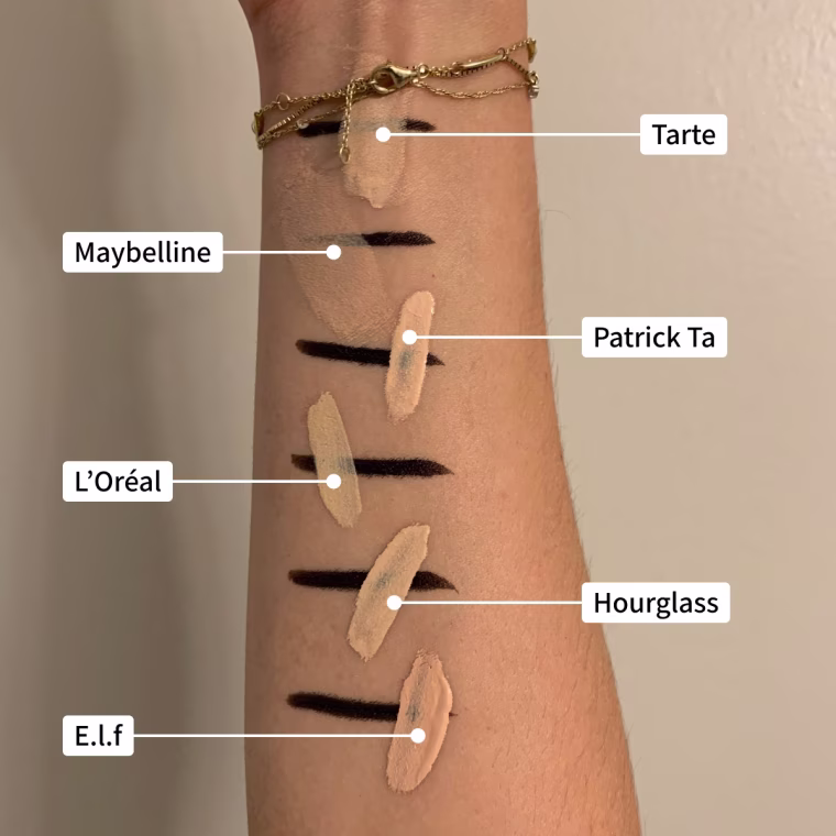 Showing how well each of the concealers covers even a dark swipe of eyeliner.