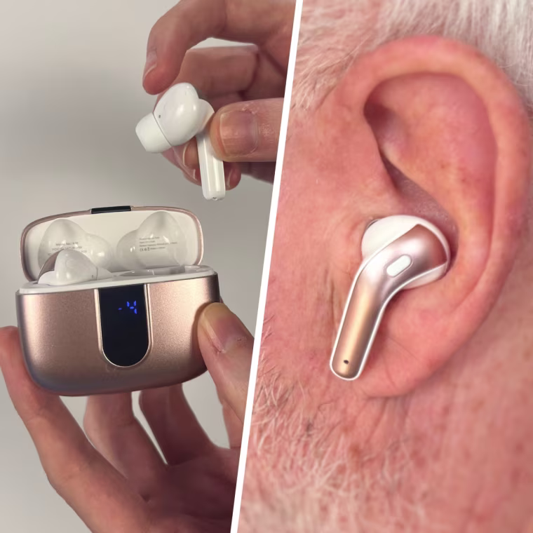 The Tagry Bluetooth earbuds out of their case (left) and being worn in an ear (right).