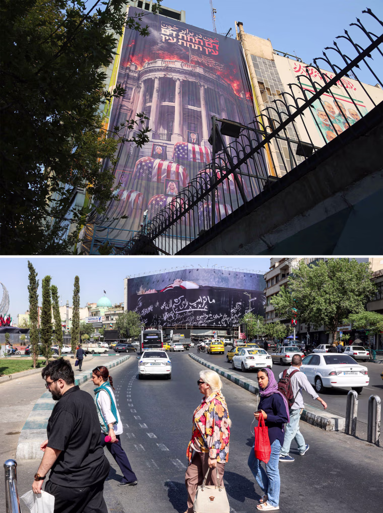 Above: An image depicts the White House in flames with "blood for blood, an eye for an eye" written in Persian and Hebrew. Below: In Enghelab Square last month, a giant billboard appeared featuring Trump lying in a casket.