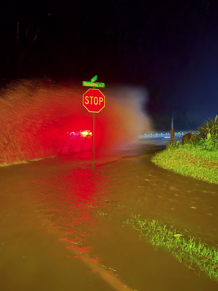 A car drives past a stop sign on a flooded road at night