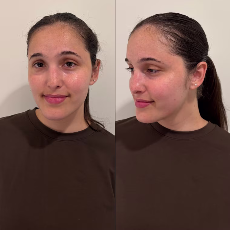 Before and after of woman applying JVN wax stick to hair
